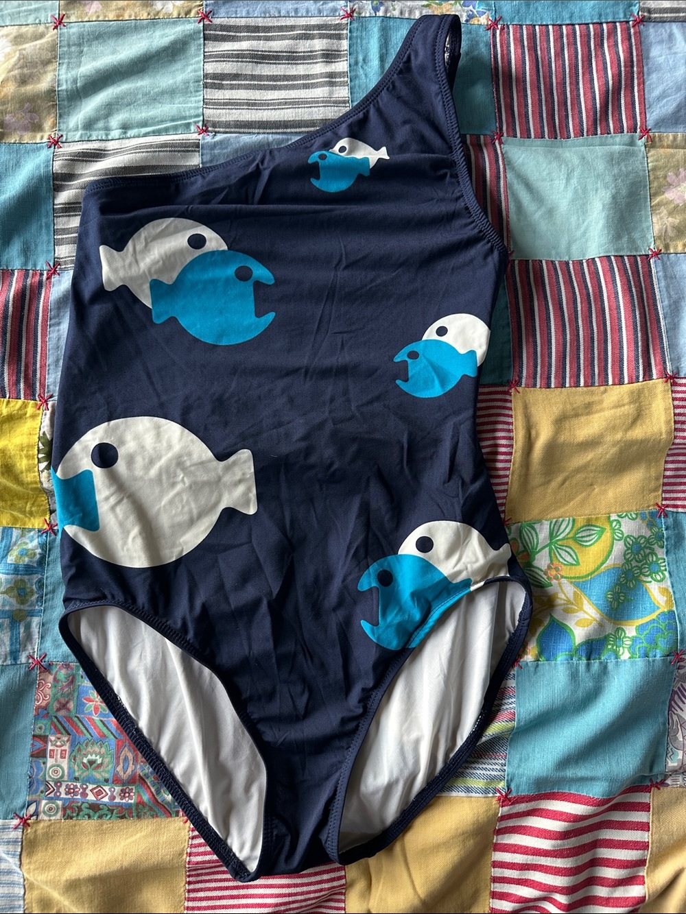 Marc Jacobs Navy Blue Fish One-Shoulder Swimsuit